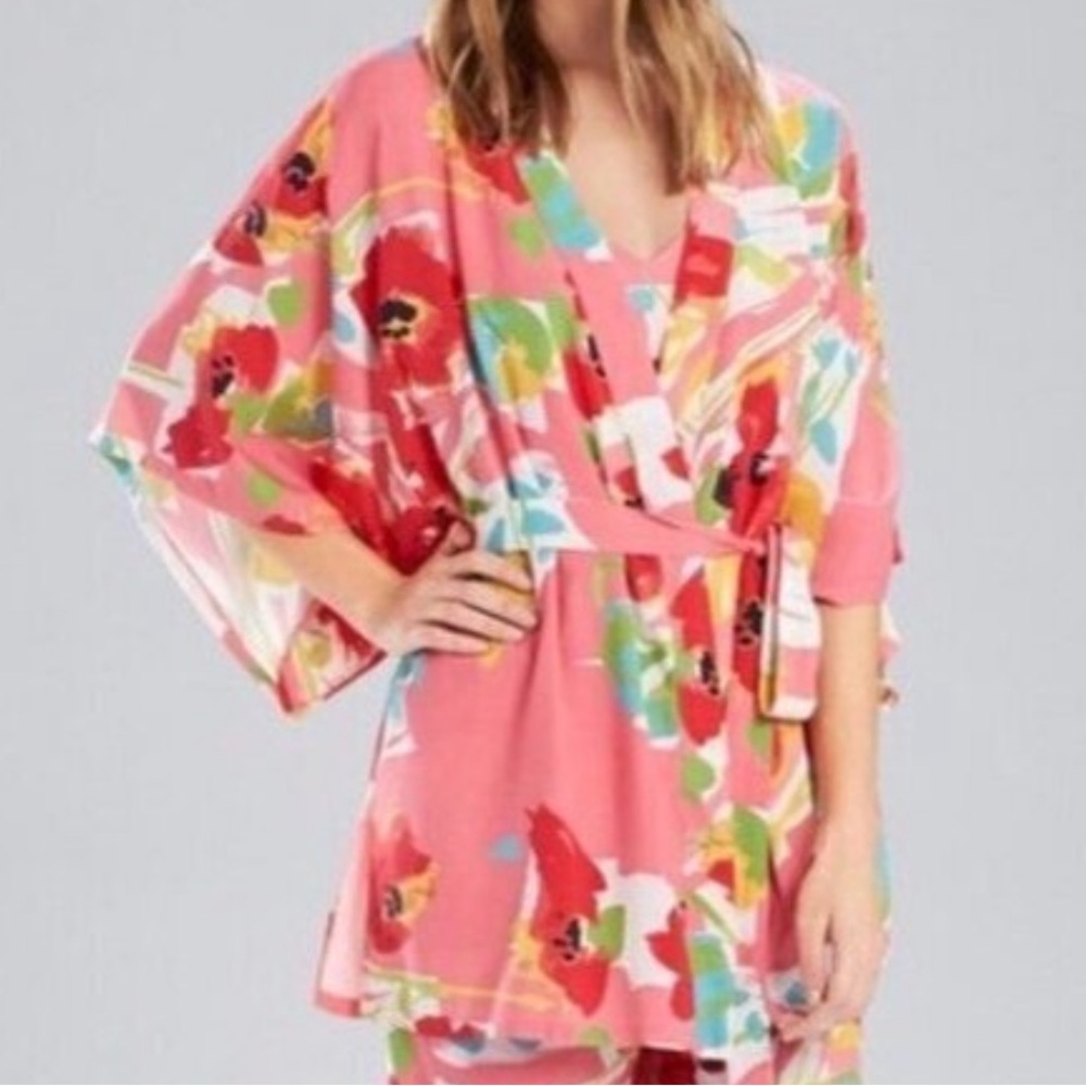 NWT! Sz S Josie Natori Coral Floral Tie-Front Kimono Mini Short Robe Wrap Dress